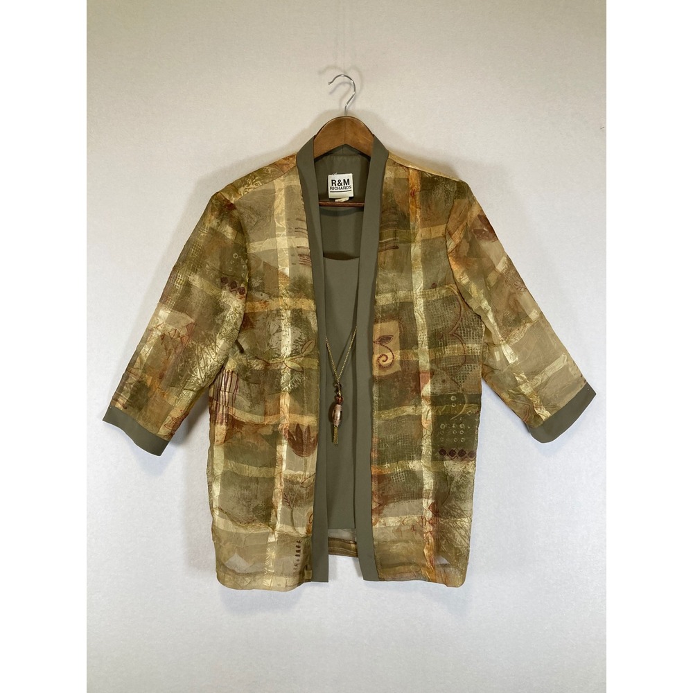 Artistic Boho R&M‎ Richards Womens Size 12 Olive Green Sheer 2pc Jacket Tank Set